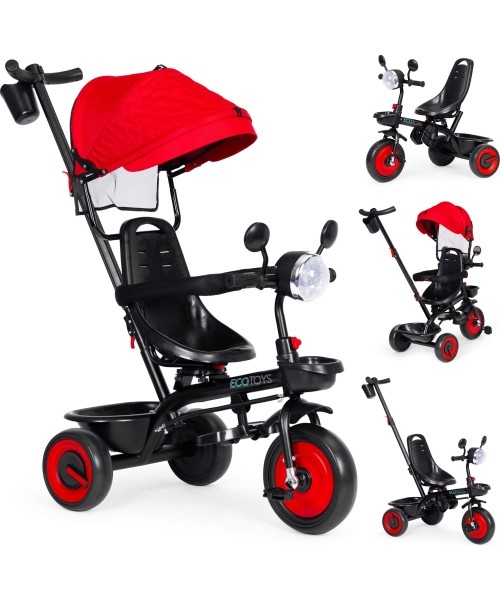 Children's Scooters Eco Toys: Kūdikių triratukas vežimėlis 3in1 su pasukama sėdyne su stogeliu raudonas ECOTOYS