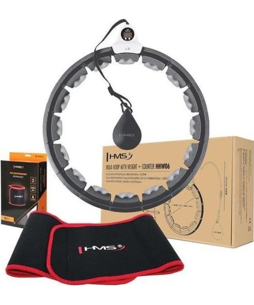 Hularõngad HMS: RINKINYS HULA HOOP HHW06 JUODAS SU GRAVITACINIU KAMUOLIU IR SKAITIKLIU HMS + JUOSMENS ATRAMA BR163 RAUDONAS