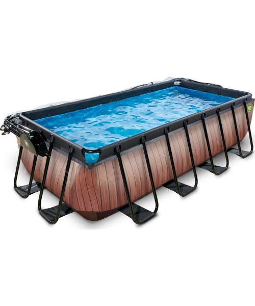 EXIT Wood pool 400x200x100cm with dome and sand filter and heat pump - brown