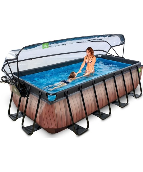 EXIT Wood pool 400x200x100cm with dome and sand filter and heat pump - brown