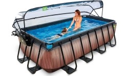 EXIT Wood pool 400x200x100cm with dome and sand filter and heat pump - brown