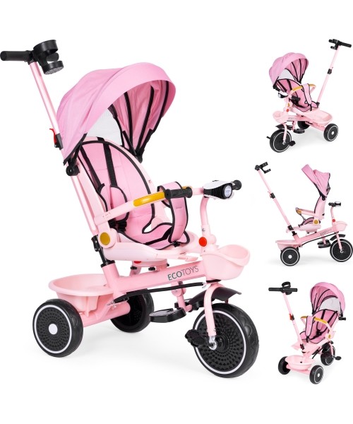 Laste tõukerattad Eco Toys: Kolmerattaline jalgrattakäru 2in1 pöörlev iste, kokkupandav varikatus roosa - ECOTOYS