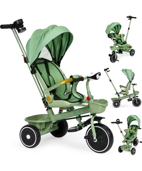 Laste tõukerattad Eco Toys: Tricycle 2in1 jalutuskäru pöörleva istme kokkupandav varikatus roheline - ECOTOYS