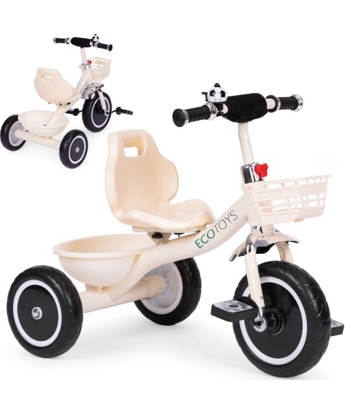 Laste tõukerattad Eco Toys: Triratukas su neslystančiomis rankenomis, varpelio krepšys, smėlio spalvos ECOTOYS