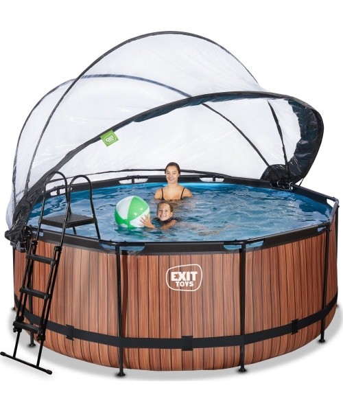 EXIT Wood pool ø360x122cm with dome and sand filter pump - brown