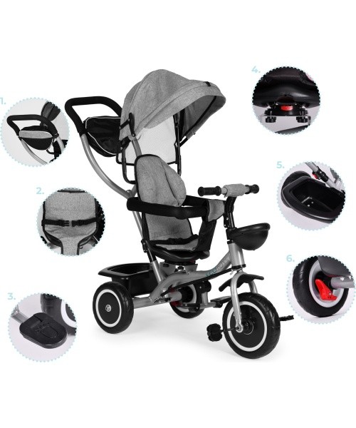Tricycle stroller 2-in-1 swivel seat folding canopy - grey ECOTOYS