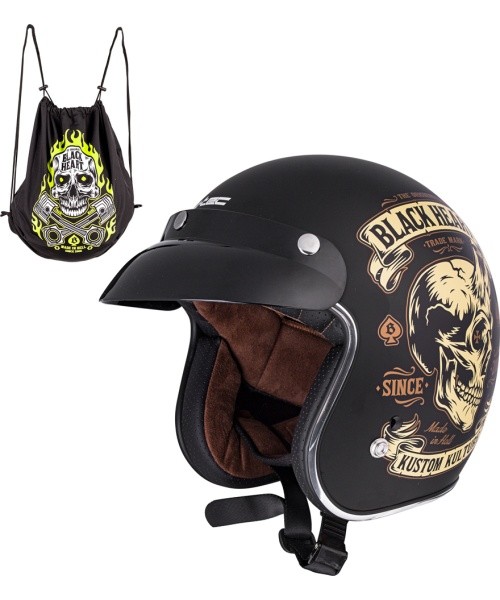 Motorcycle Helmet W-TEC Kustom Black Heart - Skull Horn, Matte Black