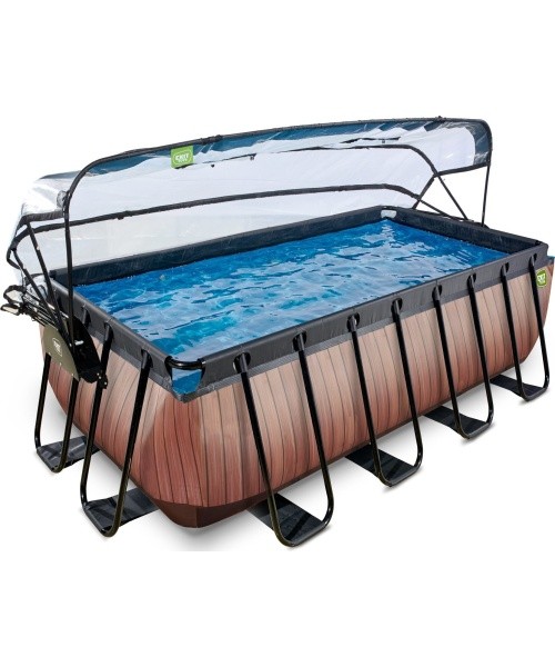 EXIT Wood pool 400x200x122cm with sand filter pump and dome and heat pump - brown