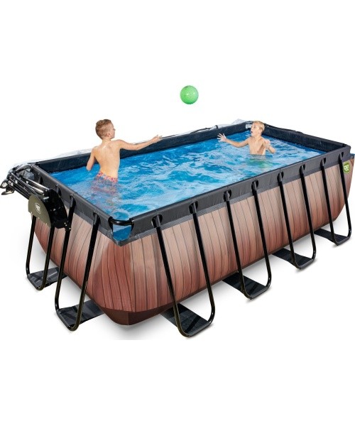 EXIT Wood pool 400x200x122cm with sand filter pump and dome and heat pump - brown