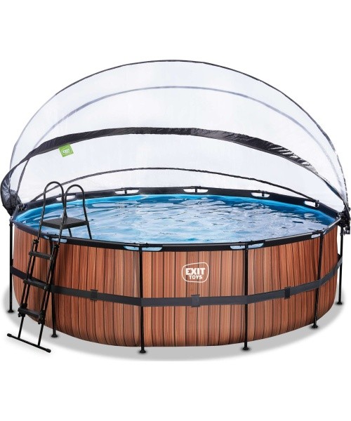 EXIT Wood pool ø450x122cm with dome and sand filter and heat pump - brown