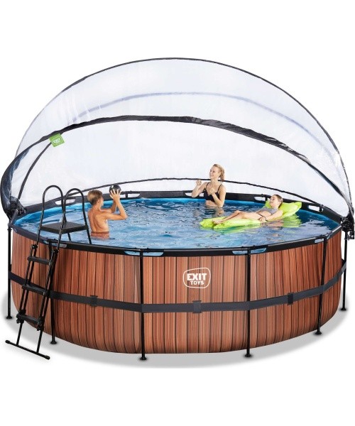 EXIT Wood pool ø450x122cm with dome and sand filter and heat pump - brown