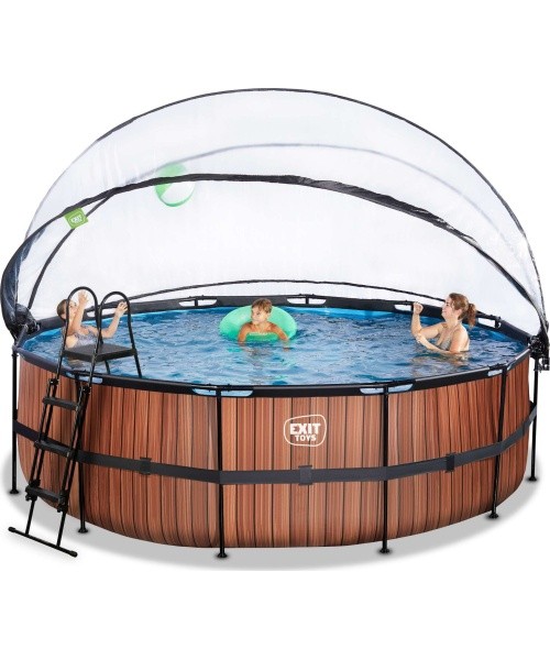 EXIT Wood pool ø450x122cm with dome and sand filter and heat pump - brown