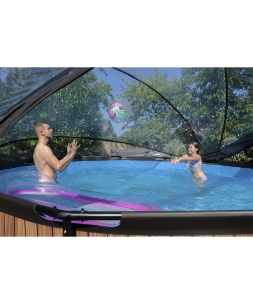 EXIT Wood pool ø450x122cm with dome and sand filter and heat pump - brown