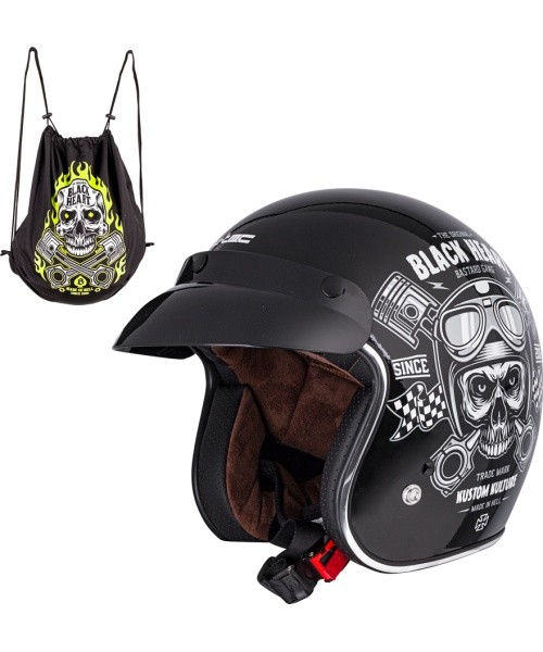 Motorcycle Helmet W-TEC Kustom Black Heart - Skull, Glossy Black