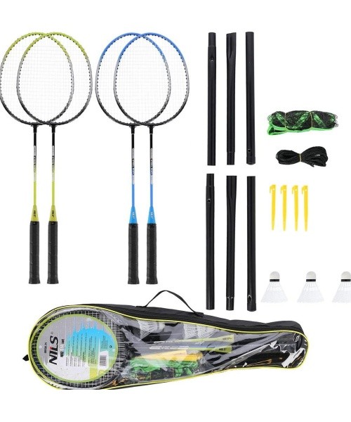 NRZ014 STEEL / BADMINTON SET 4 ROCKETS + 3 SHUTTLECOCKS + NET 195x22cm + COVER NILS