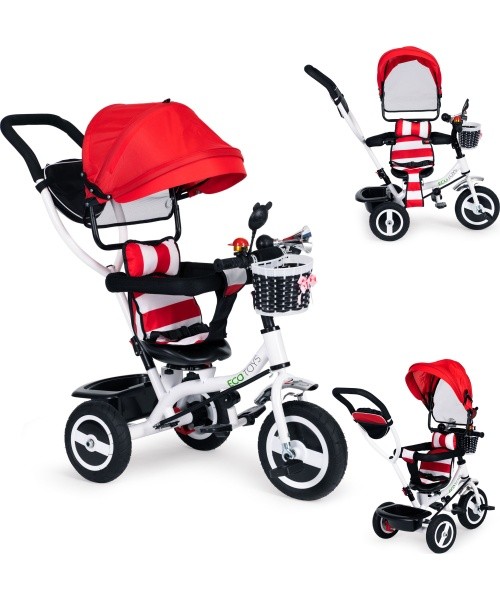 Kolmratas ECOTOYS pööratava varjuga ja vastupidavate kummiratastega, punane
