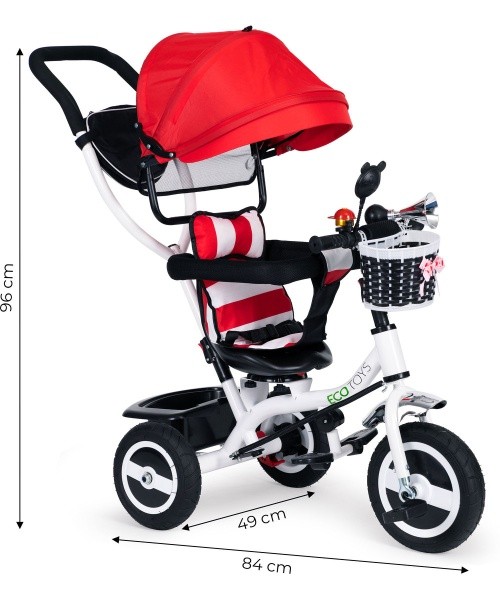 Kolmratas ECOTOYS pööratava varjuga ja vastupidavate kummiratastega, punane