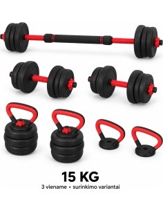 Reguleeritav hantel, kang ja kettlebell, komplekt 3-ühes - 15 kg